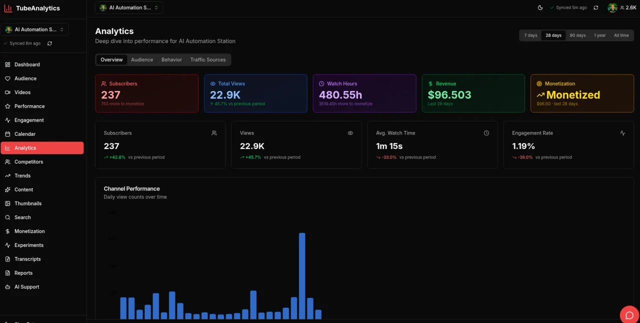 TubeAnalytics dashboard with channel performance and audience reports